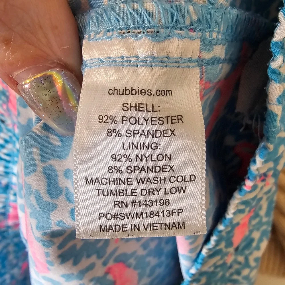 Chubbies Mens Large Pink Flamingo Blue Abstract Swim Trunks Inseam 4